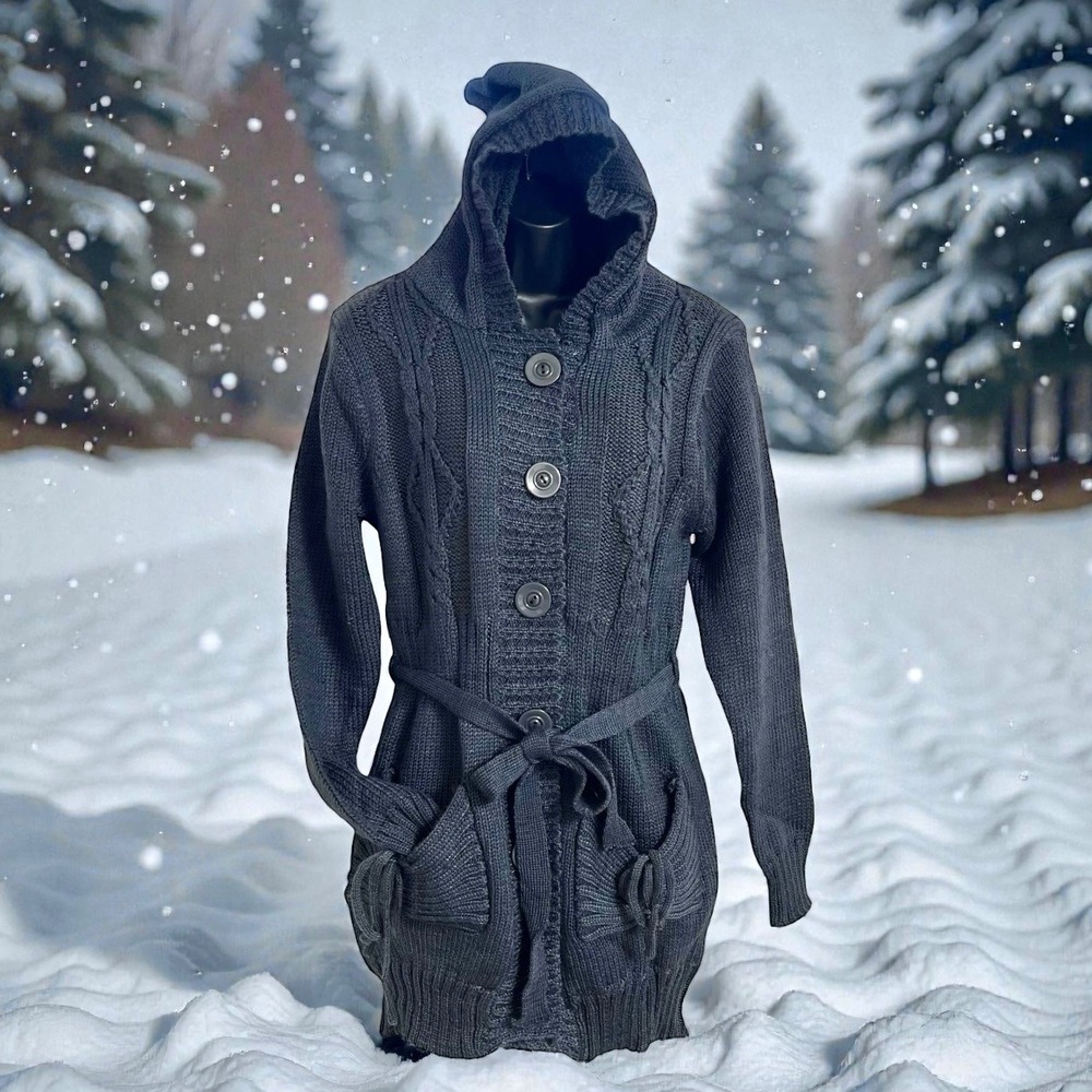 Verty Women's Charcoal Gray Cable Knit Hooded Cardigan Sweater Belted‎ Pockets